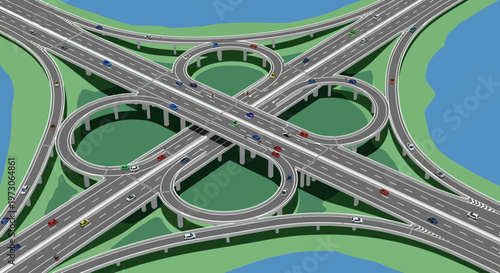 Complex highway interchange, cloverleaf junction, aerial view, transportation infrastructure