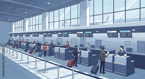 Airport Check-in Counter with Passengers and Luggage, Travel and Departure