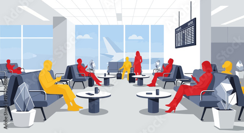 People waiting in airport lounge, departure board, airplane view from window, modern design