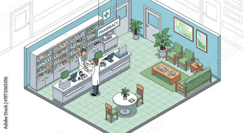 Isometric Pharmacy Interior with Pharmacist Assisting Customer, Waiting Area