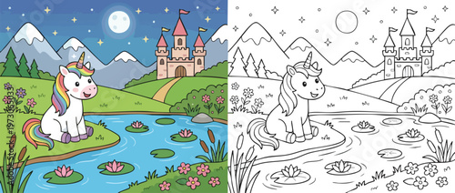 Cute Unicorn Sitting by Lake with Castle and Mountains at Night.