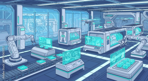 Futuristic factory with robotic arms, assembly line, and holographic displays in blue tones.