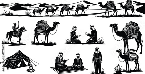 Silhouette Collection of Desert Caravan and Bedouin Camp Scenes Keywords: desert, caravan, camels, sand dunes, bedouin, arab