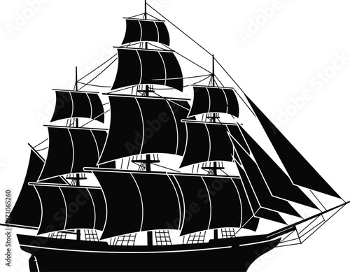 Silhouette of a majestic tall ship with full sails on a white background Keywords: tall ship, sailing ship, schooner, brigantine