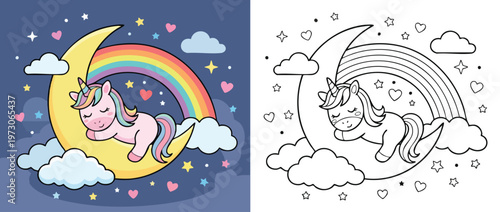 Cute Unicorn Sleeping on Moon with Rainbow and Clouds.