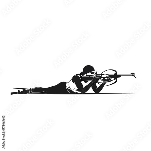 Biathlete aiming rifle in prone position.