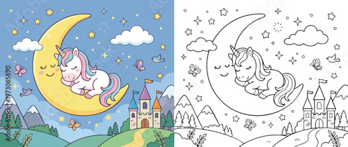 Cute Unicorn Sleeping Peacefully on a Crescent Moon with Stars.