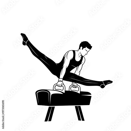 Man performing gymnastics on pommel horse.