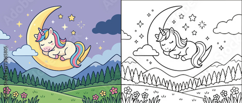 Cute Unicorn Sleeping Peacefully on Crescent Moon with Stars.