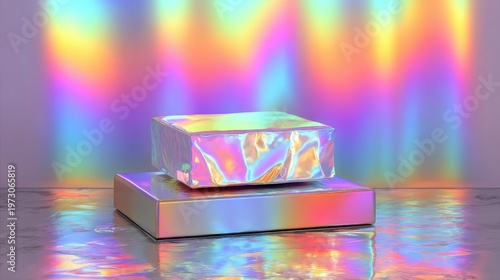 Holographic foil background, iridescent colors, metallic podium, trendy fashion product display, y2k style, shiny texture 
