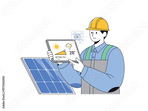 A smiling male solar panel installer in a yellow hard hat holds a tablet displaying AI-driven weather and optimal tilt information next to a solar panel.