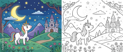 Cute Unicorn Standing in a Magical Night Landscape with Castle and Moon.