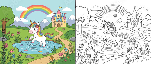 Cute Unicorn Standing in a Pond with Rainbow and Castle.
