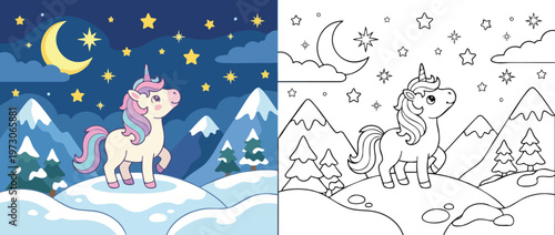 Cute Unicorn Standing in Snowy Mountain Landscape at Night with Stars and Moon.