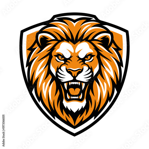 A fierce lion's head in a shield.