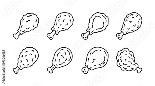 Fried Chicken Leg Icons Set Simple Outline Drawings Food Vector Graphics