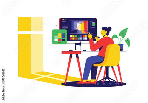 A female interior designer works at a desk, using a stylus on a computer monitor to create a 3D room design with a visible color palette.