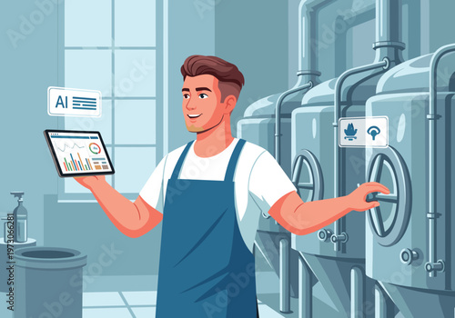 A smiling male brewer adjusts a valve on a brewing tank while holding a tablet displaying data and AI icons.