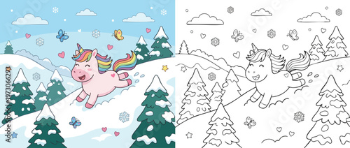 Happy Unicorn Playing in Winter Snow with Colorful Mane and Horn.