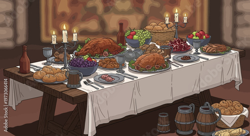 A festive medieval banquet table laden with food and drink.