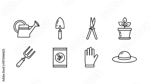 Gardening Tools Icons Set Line ArtWatering Can Trowel Pruners Plant Pot Fork Seeds Glove Hat