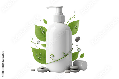 White Lotion Pump Bottle With Green Leaves And Water Droplets Natural Skincare Concept Isolated On transparent Background