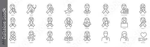 Cancer awareness and support ribbon icon set – editable outline symbols of diagnosis, treatment, advocacy, survivor, donation and hope