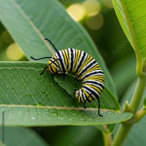 Monarch caterpillar with yellow black and white stripes eating a green milkweed leaf.