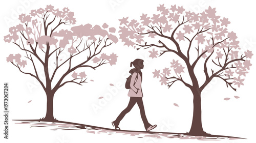 Person walking under blooming trees with pink flowers serene landscape with pedestrian and cherry blossoms