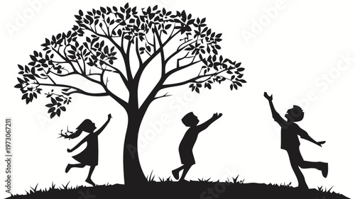 Children playing outside jumping and throwing leaves in a joyful outdoor scene with a tree
