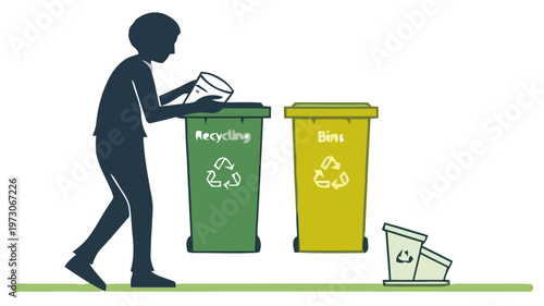 Person sorting waste into recycling and trash bins with eco friendly approach