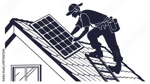 Silhouette of a person installing solar panel on roof with ladder renewable energy concept