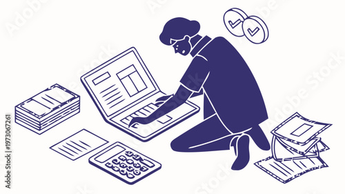 Person calculating numbers on laptop with papers and calculator focused on finance and accounting work