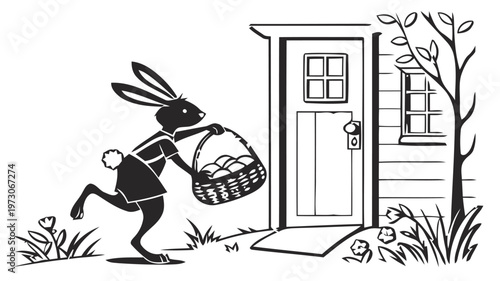 Easter bunny silhouette carrying basket of eggs to a house door with flowers and tree