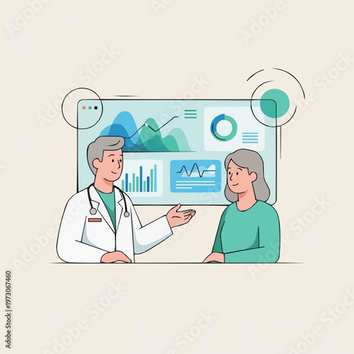 Friendly doctor explaining medical test results to an elderly patient using digital screen interface graphics