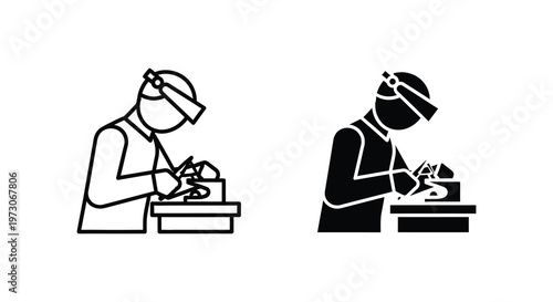 Jeweler inspecting gem with loupe detailed black and white illustration silhouette