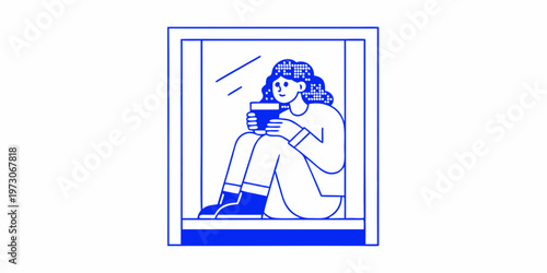 A woman sits by a window holding a drink and looking thoughtfully