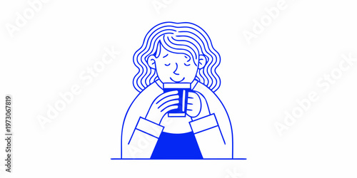 Woman enjoying a warm drink simple line art illustration