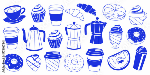 A collection of blue line art illustrations depicting coffee pastries and sweets