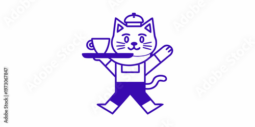 A whimsical illustration of a cat waiter holding a cup of coffee