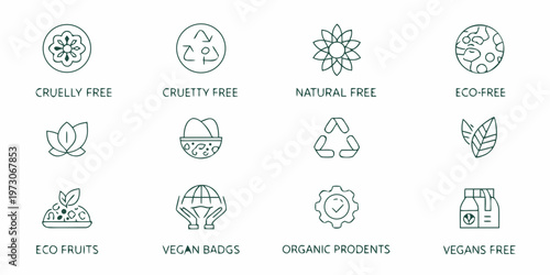 Collection of green line icons representing eco friendly and vegan products