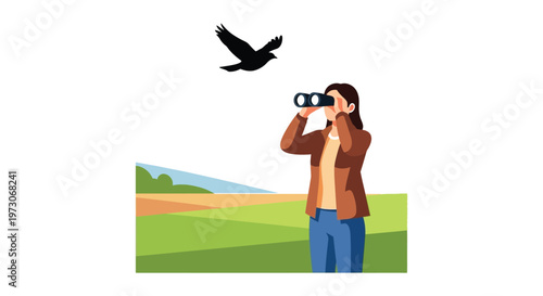 Woman birdwatching with binoculars a bird flies above flat illustration silhouette