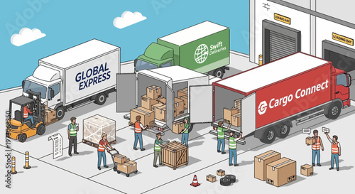 Logistics Hub: Trucks, Forklift, and Workers Unloading Cargo in Warehouse Loading Dock