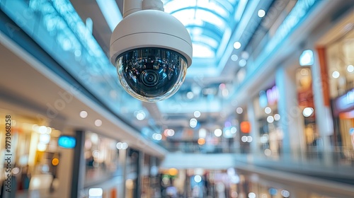 Surveillance Camera Hanging from Ceiling in Modern Shopping Mall with Blurred Retail Store Background and Bright Interior Lighting