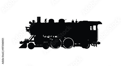 Detailed black silhouette of a vintage steam locomotive on a white background