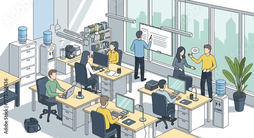 Diverse Team Collaborating in Modern Open-Plan Office Setting