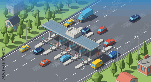 Isometric Toll Booth on Highway with Cars and Solar Panels