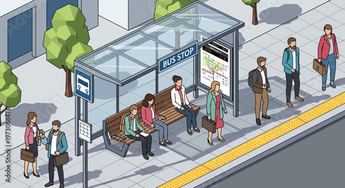 People waiting at a modern bus stop shelter with trees and sidewalk, urban commute scene