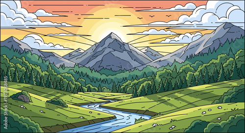 Pixel Art Mountain Landscape at Sunrise with River and Sheep