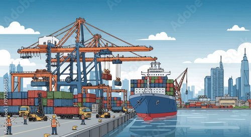 Busy shipping port with cargo ship, cranes, containers, and forklifts unloading goods.